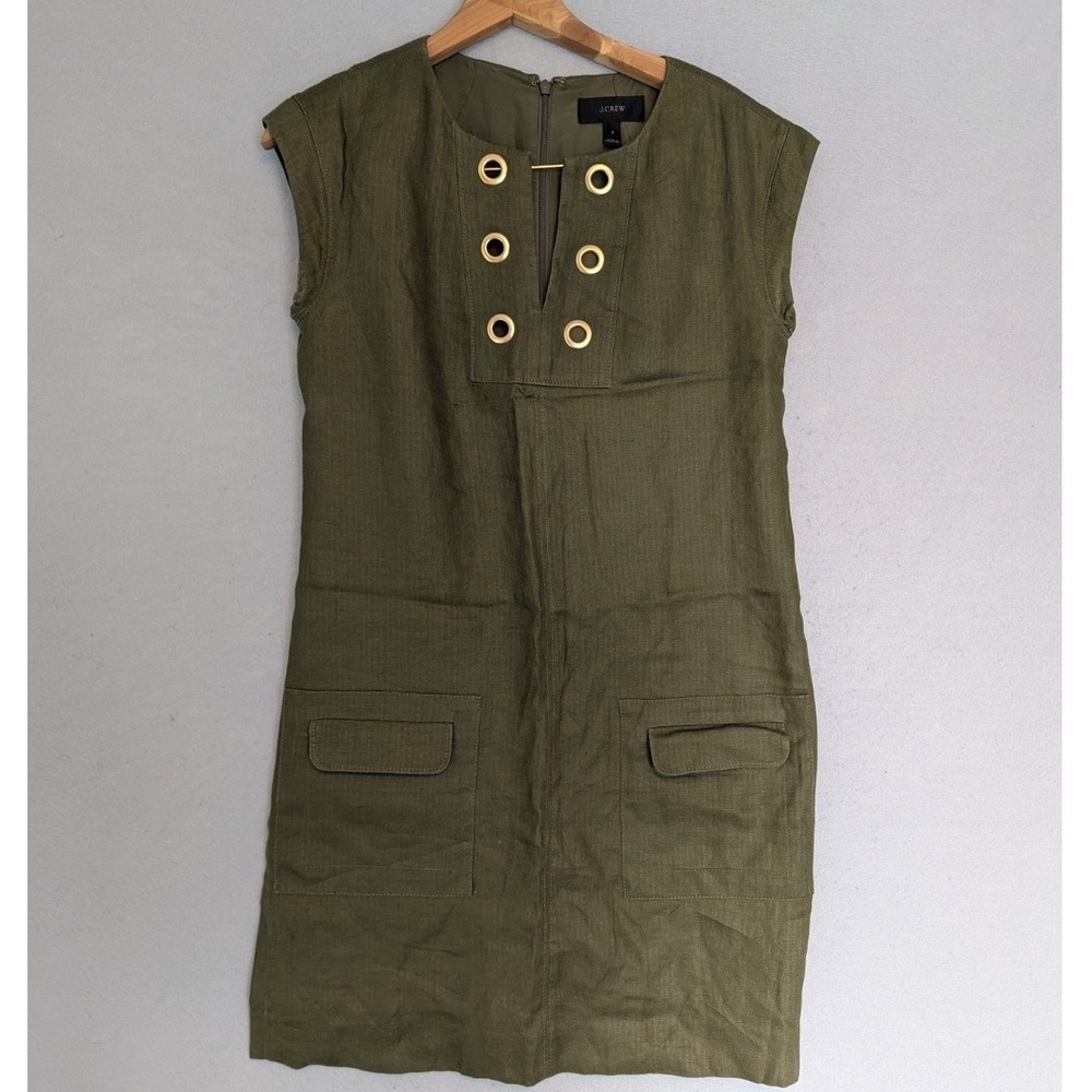 J.Crew Women's Linen Sleeveless Shift Dress‎ Size 2 - Olive Green - Lined